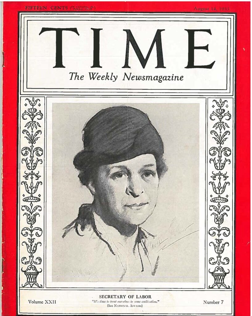 Frances Perkins U.S. Labor Secretary, cover of Time Magazine August 14, 1933